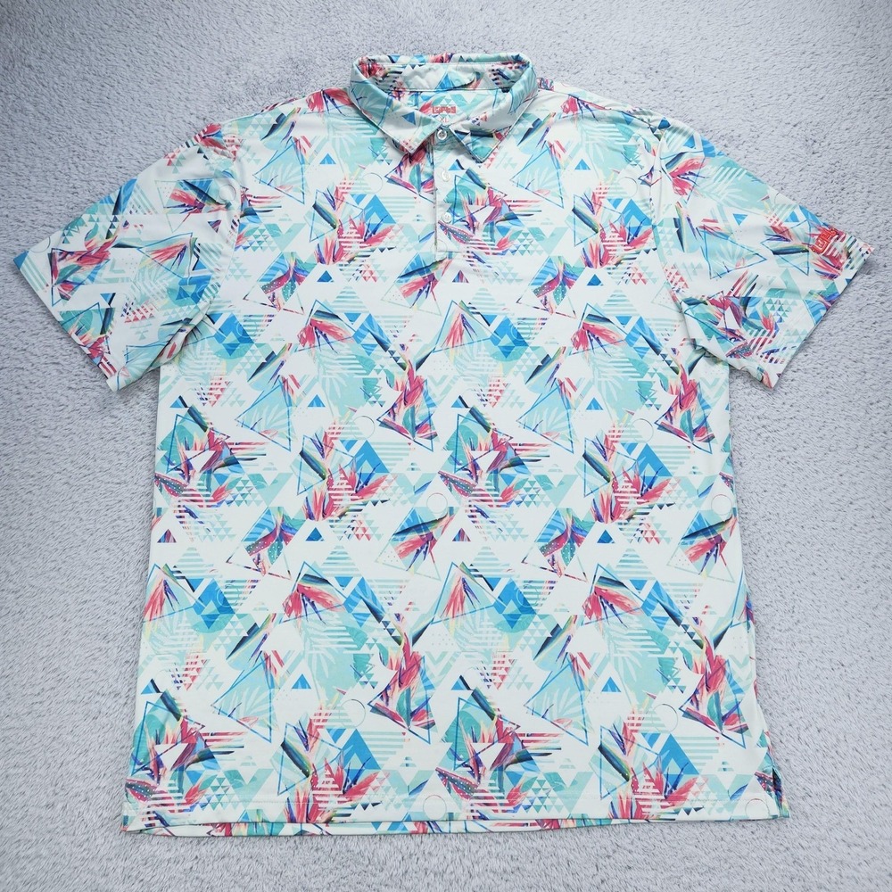 Lofty Llama Polo Shirt Mens XL Multicolor Geometric Tropical Print Golf Stretch